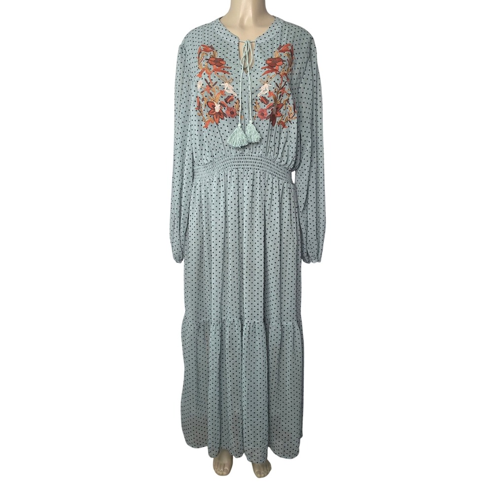 Rusttydustty Maxi Dress Womens 3XL Green Polka Dot Floral Embroidered Boho Smock